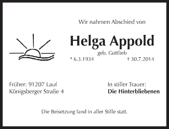Traueranzeige von Helga Appold von Pegnitz-Zeitung